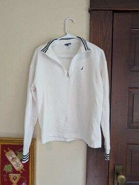 Nautica Women's S White and Navy 1/4 Zip‎ Pullover Sweater Embroidered Logo Knit
